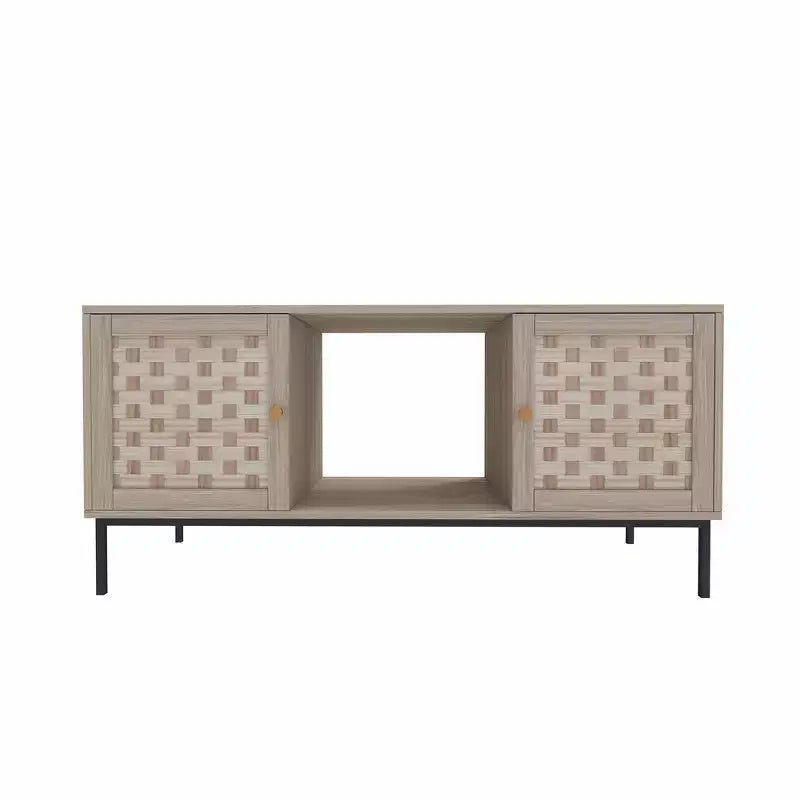 Rectangular Wooden Coffee Table with Sliding Door & Woven Veneer, Symmetrical Storage for Living Room or Bedroom