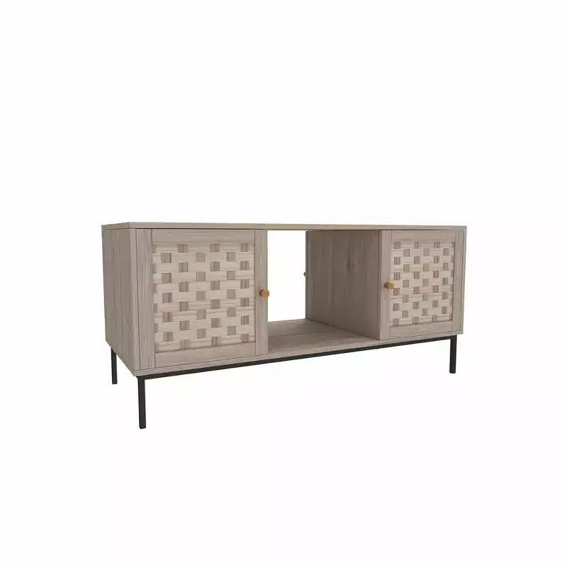 Rectangular Wooden Coffee Table with Sliding Door & Woven Veneer, Symmetrical Storage for Living Room or Bedroom