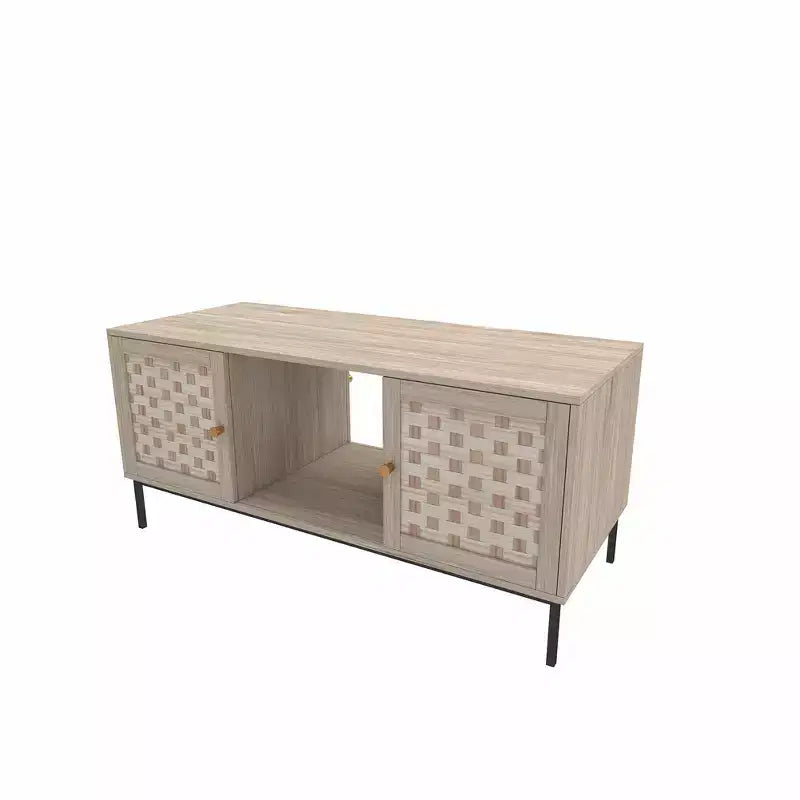 Rectangular Wooden Coffee Table with Sliding Door & Woven Veneer, Symmetrical Storage for Living Room or Bedroom