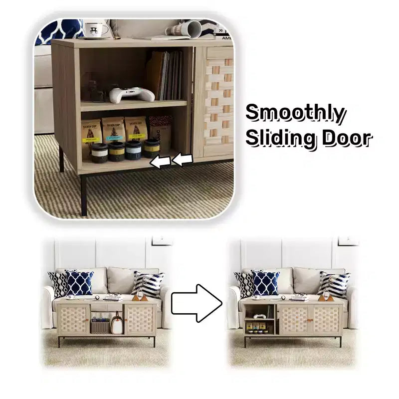 Rectangular Wooden Coffee Table with Sliding Door & Woven Veneer, Symmetrical Storage for Living Room or Bedroom
