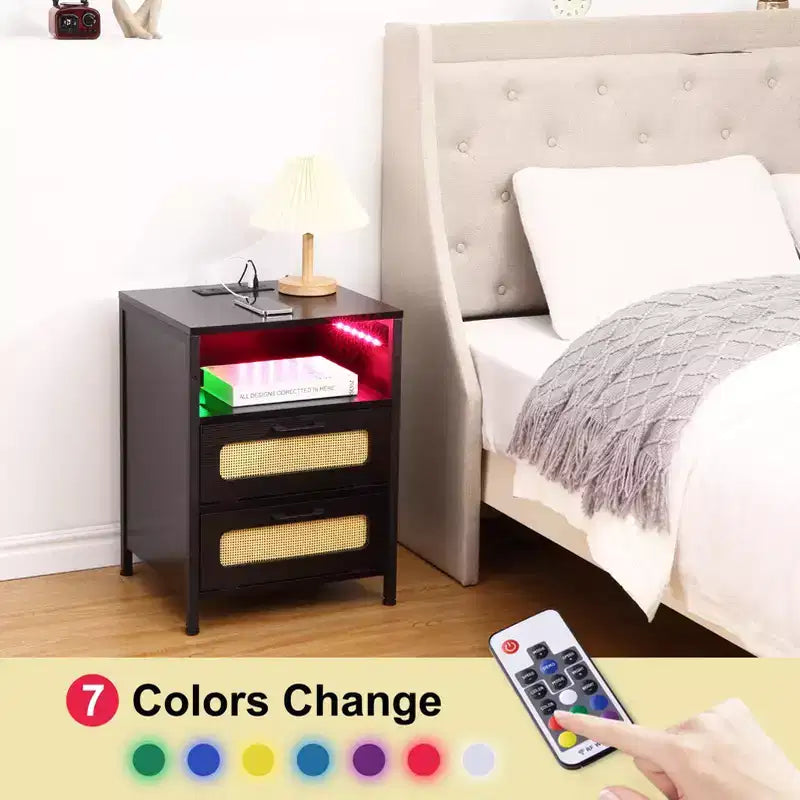Nightstand with USB Ports and Outlets, Rattan Decorated Doors & Open Shelf, Bedroom Living Room Office,