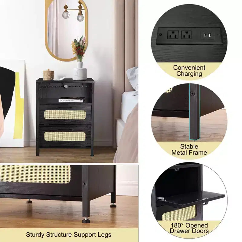 Nightstand with USB Ports and Outlets, Rattan Decorated Doors & Open Shelf, Bedroom Living Room Office,