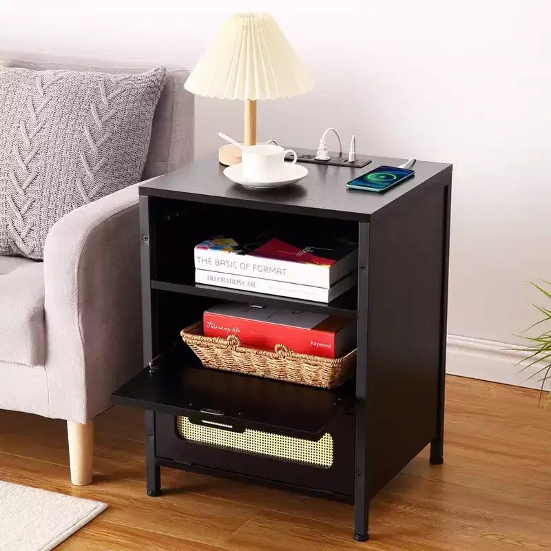 Nightstand with USB Ports and Outlets, Rattan Decorated Doors & Open Shelf, Bedroom Living Room Office,
