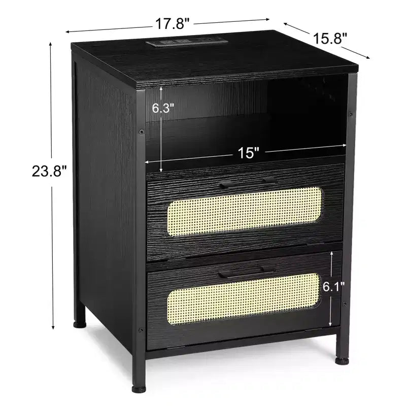 Nightstand with USB Ports and Outlets, Rattan Decorated Doors & Open Shelf, Bedroom Living Room Office,