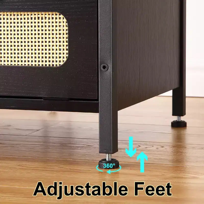 Nightstand with USB Ports and Outlets, Rattan Decorated Doors & Open Shelf, Bedroom Living Room Office,