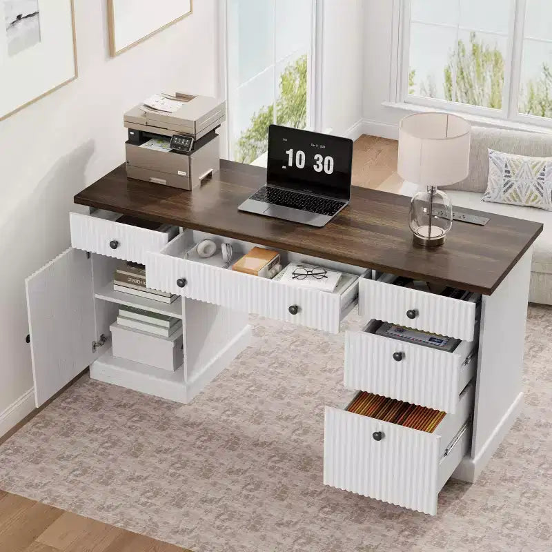 60 Modern Executive Desk with Charging Station & File Drawers, Fluted Wooden Home Office Desk with Storage for Study Room, Computer Writing Desk