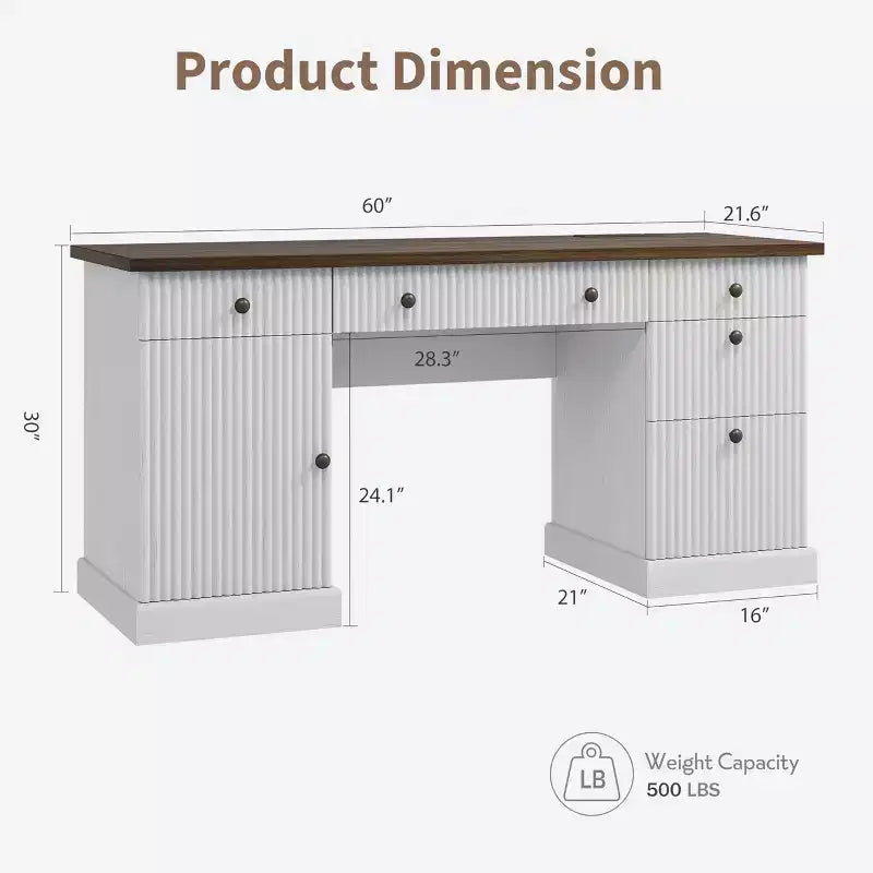 60 Modern Executive Desk with Charging Station & File Drawers, Fluted Wooden Home Office Desk with Storage for Study Room, Computer Writing Desk