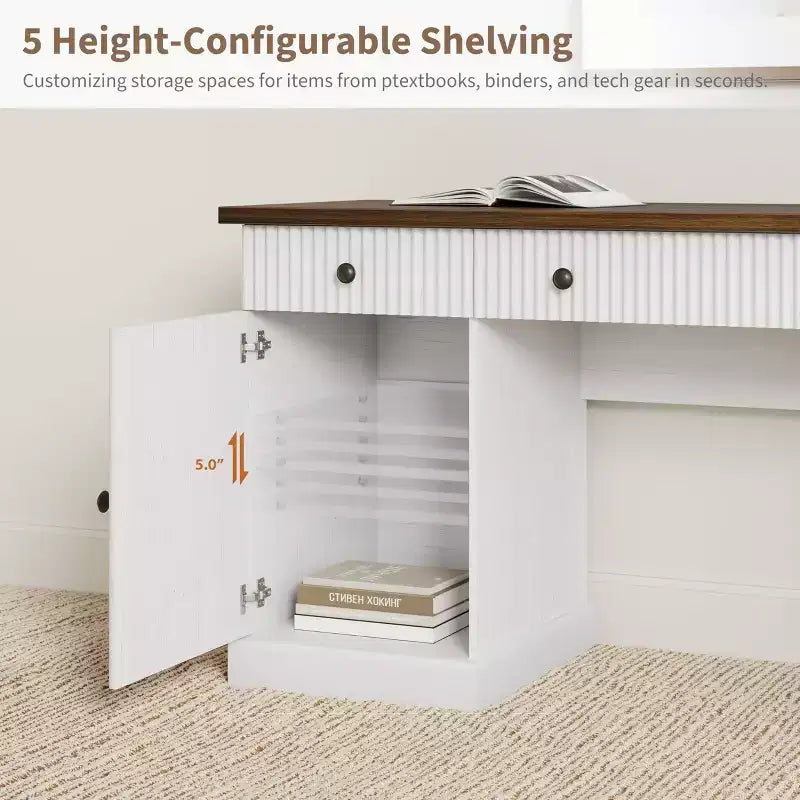 60 Modern Executive Desk with Charging Station & File Drawers, Fluted Wooden Home Office Desk with Storage for Study Room, Computer Writing Desk