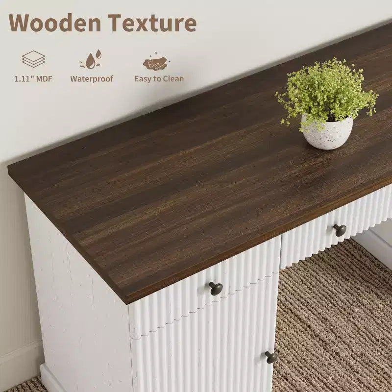 60 Modern Executive Desk with Charging Station & File Drawers, Fluted Wooden Home Office Desk with Storage for Study Room, Computer Writing Desk