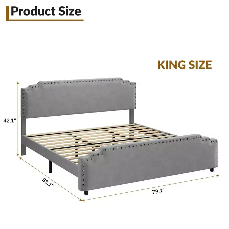 King Bed Frame with Tufted Headboard, Strong Wooden Slats & No Box Spring Required
