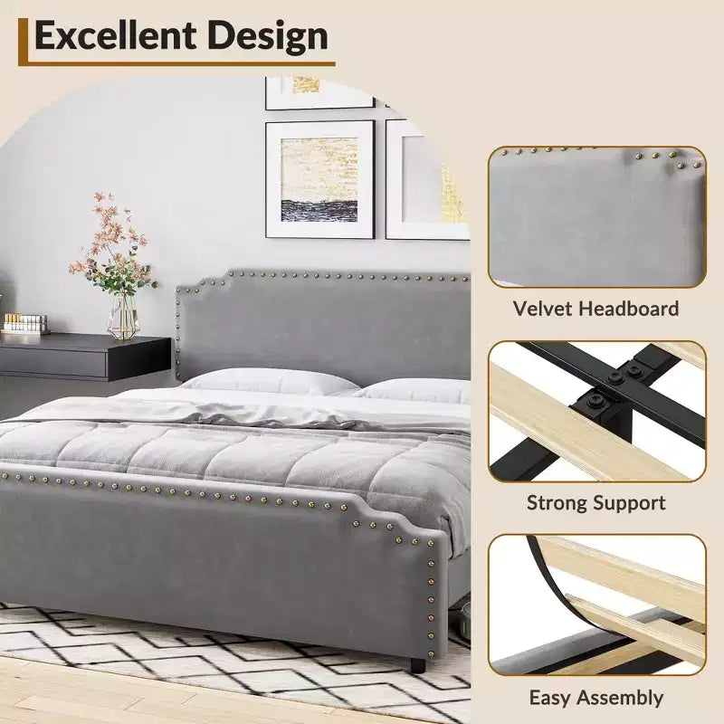 King Bed Frame with Tufted Headboard, Strong Wooden Slats & No Box Spring Required