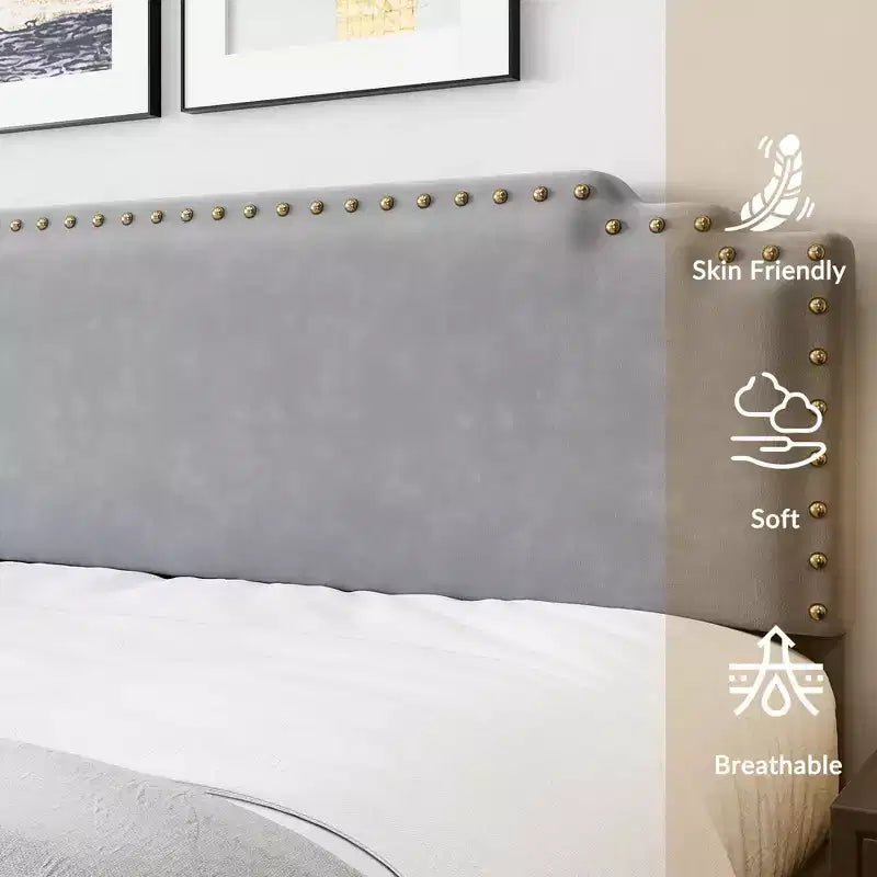 King Bed Frame with Tufted Headboard, Strong Wooden Slats & No Box Spring Required