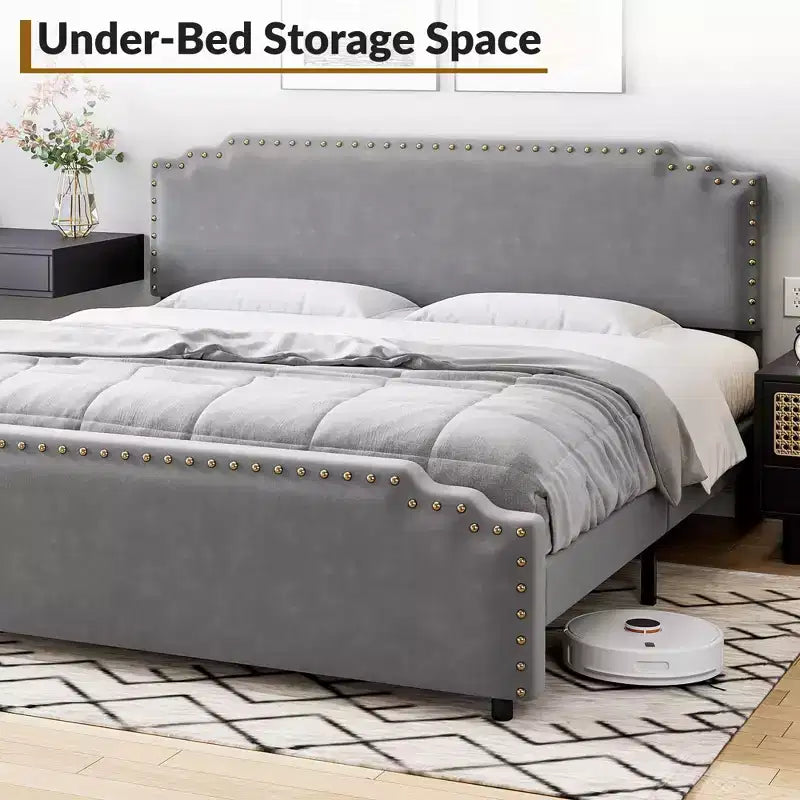 King Bed Frame with Tufted Headboard, Strong Wooden Slats & No Box Spring Required