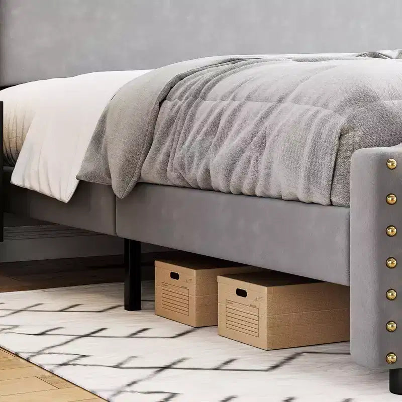 King Bed Frame with Tufted Headboard, Strong Wooden Slats & No Box Spring Required
