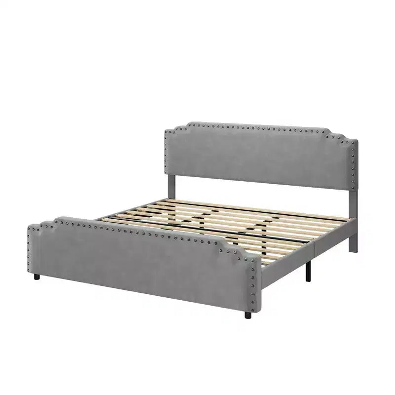 King Bed Frame with Tufted Headboard, Strong Wooden Slats & No Box Spring Required