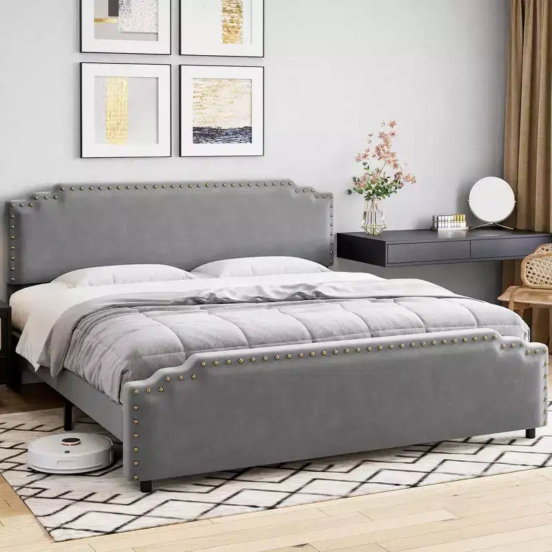 King Bed Frame with Tufted Headboard, Strong Wooden Slats & No Box Spring Required