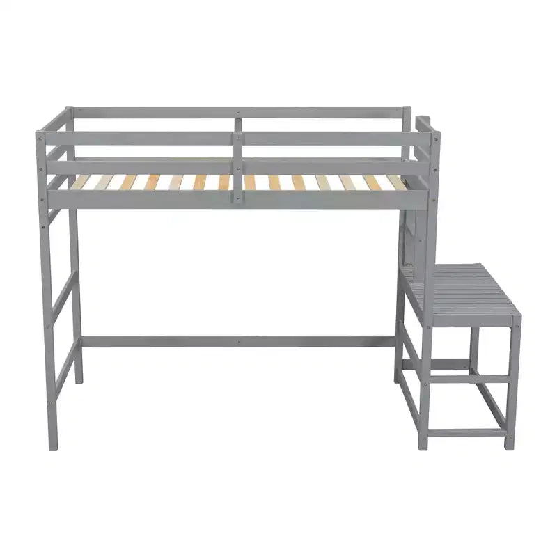 Twin Loft Bed with Stairs, Space-Saving Kids Bed Frame, Ladder Platform, Guardrail, No Box Spring Needed