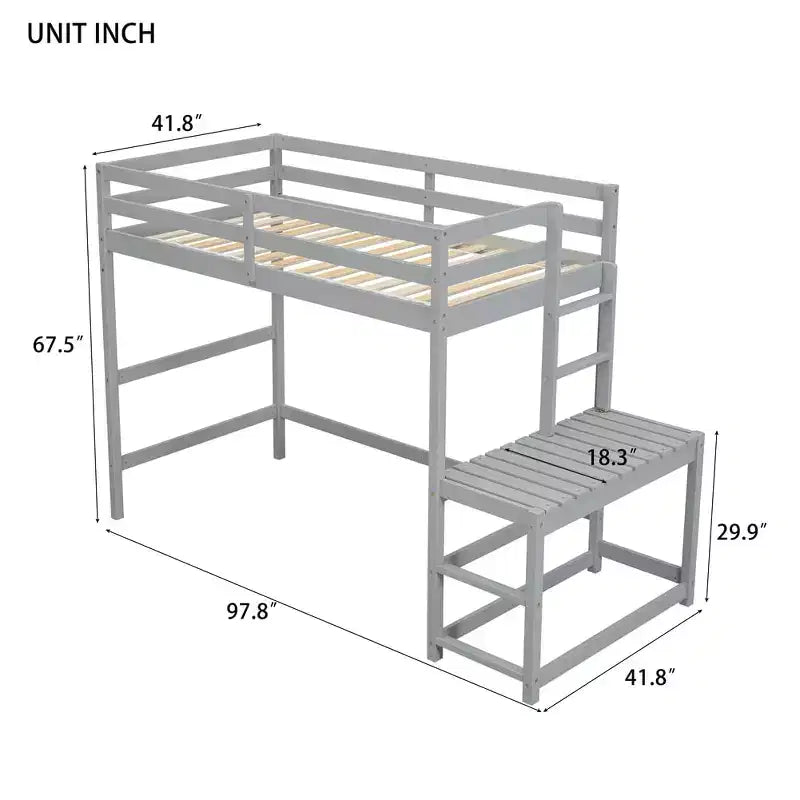 Twin Loft Bed with Stairs, Space-Saving Kids Bed Frame, Ladder Platform, Guardrail, No Box Spring Needed