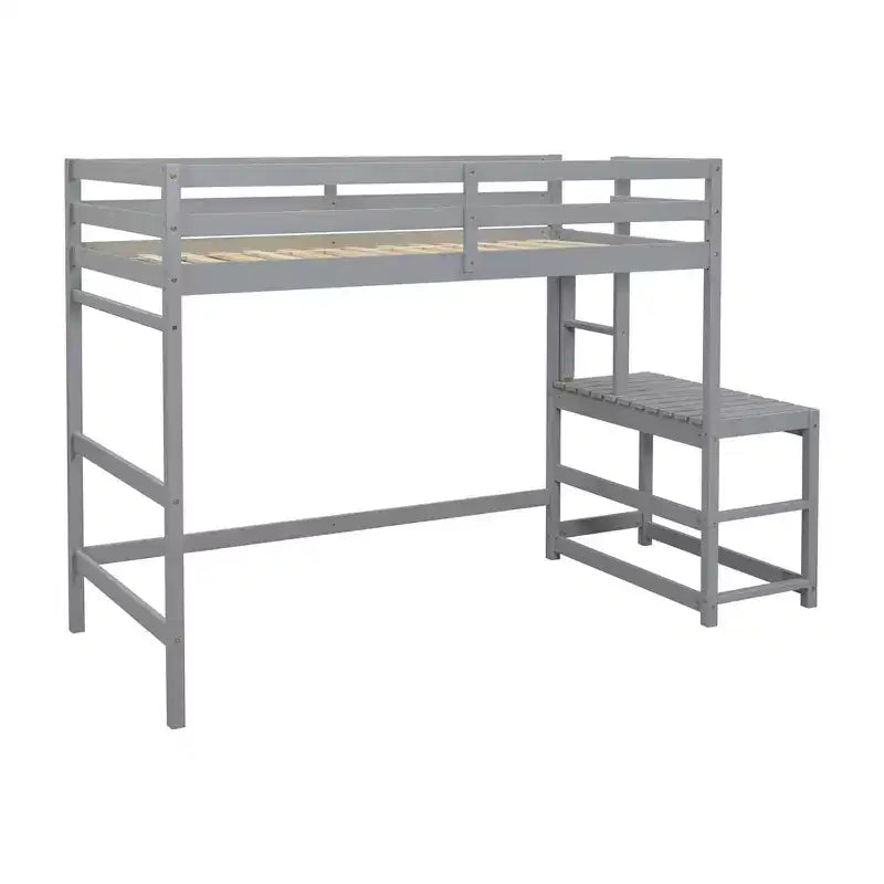 Twin Loft Bed with Stairs, Space-Saving Kids Bed Frame, Ladder Platform, Guardrail, No Box Spring Needed