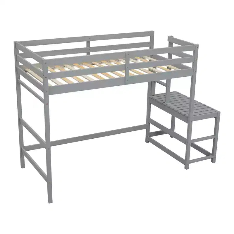 Twin Loft Bed with Stairs, Space-Saving Kids Bed Frame, Ladder Platform, Guardrail, No Box Spring Needed