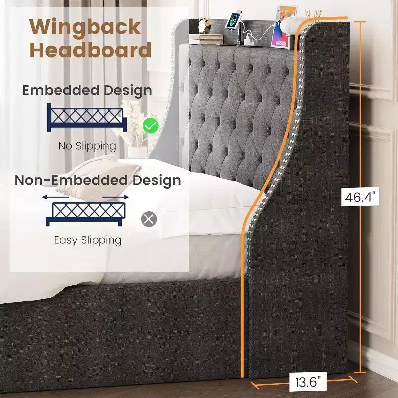 Platform Bed Frame with Storage Headboard, USB Charging Station, 4 Storage Drawers, No Spring Mattress Required, Easy to Assemble, Heavy-Duty Support