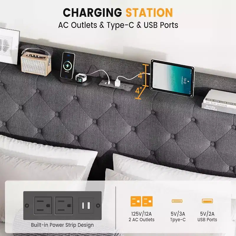 Platform Bed Frame with Storage Headboard, USB Charging Station, 4 Storage Drawers, No Spring Mattress Required, Easy to Assemble, Heavy-Duty Support