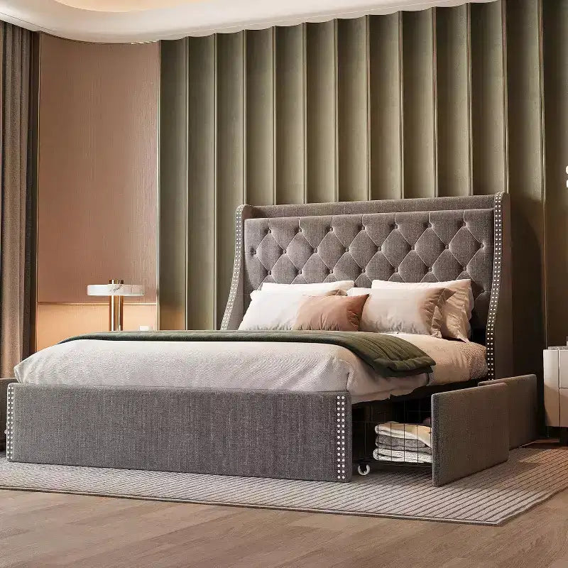 Platform Bed Frame with Storage Headboard, USB Charging Station, 4 Storage Drawers, No Spring Mattress Required, Easy to Assemble, Heavy-Duty Support