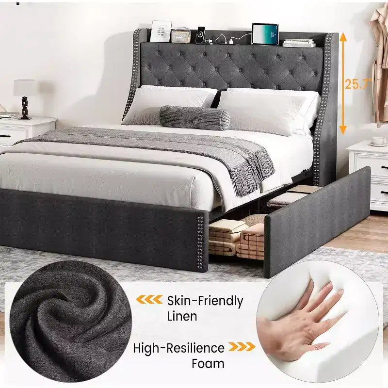 Platform Bed Frame with Storage Headboard, USB Charging Station, 4 Storage Drawers, No Spring Mattress Required, Easy to Assemble, Heavy-Duty Support