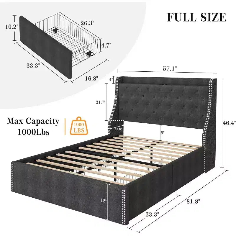 Platform Bed Frame with Storage Headboard, USB Charging Station, 4 Storage Drawers, No Spring Mattress Required, Easy to Assemble, Heavy-Duty Support