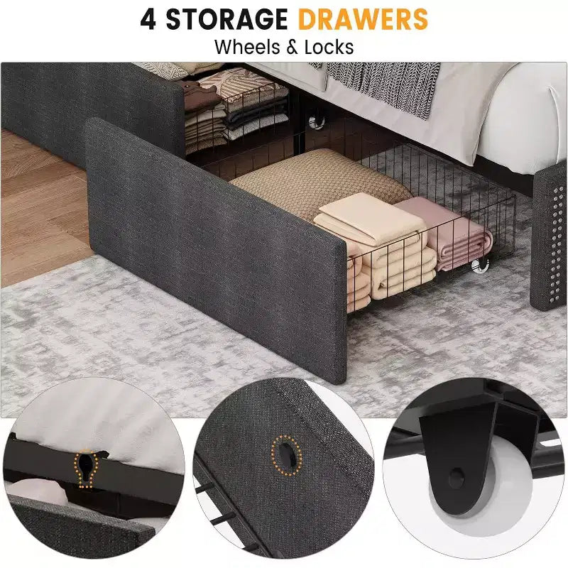 Platform Bed Frame with Storage Headboard, USB Charging Station, 4 Storage Drawers, No Spring Mattress Required, Easy to Assemble, Heavy-Duty Support