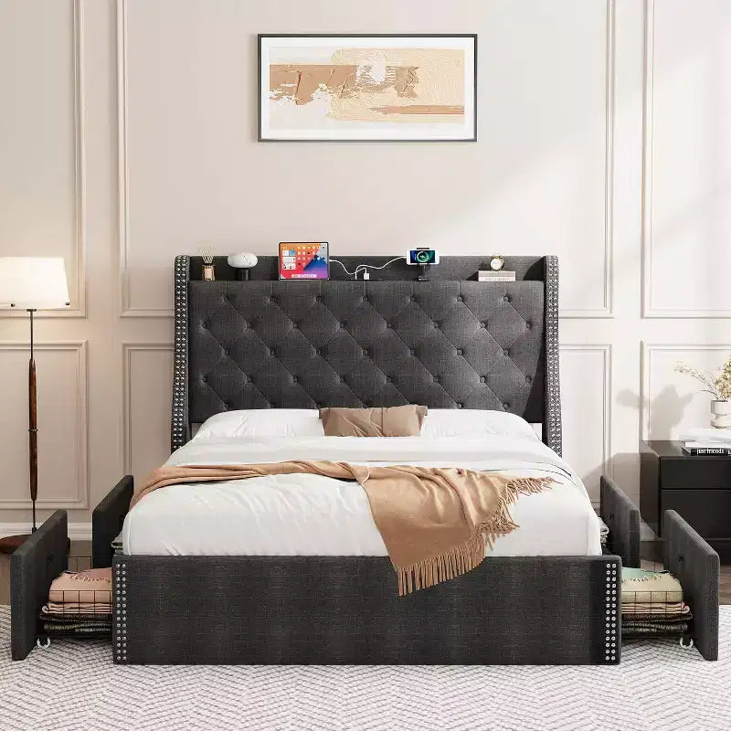 Platform Bed Frame with Storage Headboard, USB Charging Station, 4 Storage Drawers, No Spring Mattress Required, Easy to Assemble, Heavy-Duty Support