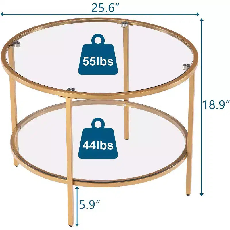 25.6 Round Gold Coffee Tables, 2-Tier Glass Coffee Table with Storage, Simple & Modern Center Table for Living Room