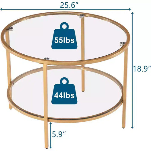 25.6 Round Gold Coffee Tables, 2-Tier Glass Coffee Table with Storage, Simple & Modern Center Table for Living Room