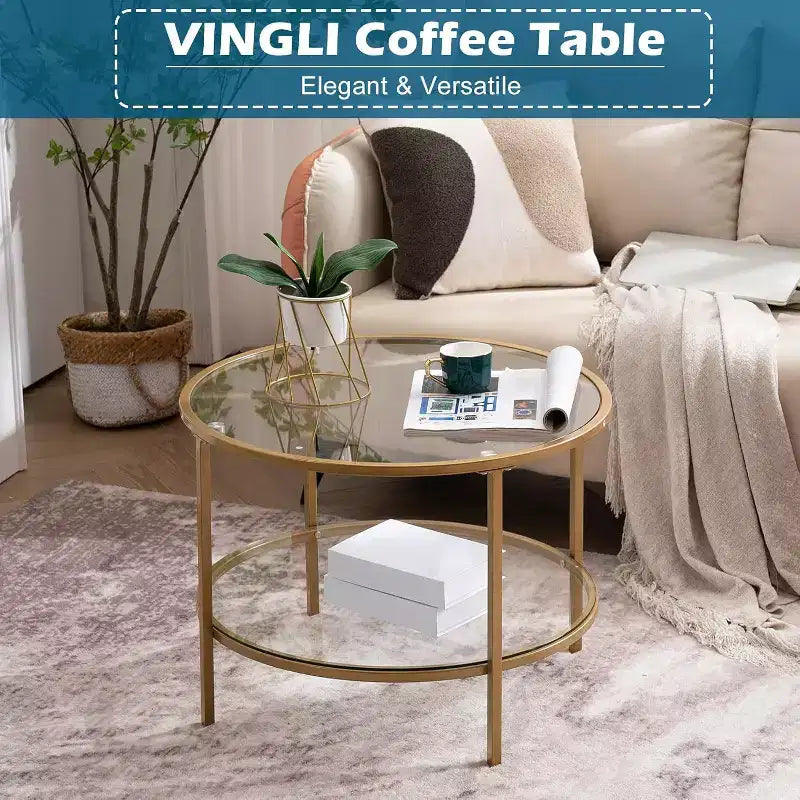 25.6 Round Gold Coffee Tables, 2-Tier Glass Coffee Table with Storage, Simple & Modern Center Table for Living Room