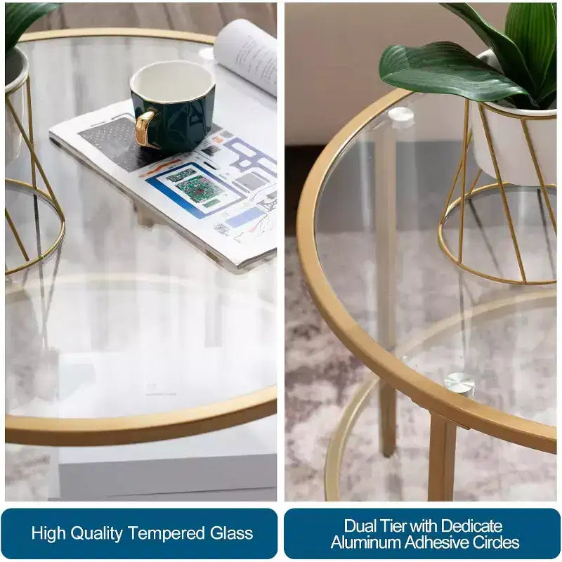 25.6 Round Gold Coffee Tables, 2-Tier Glass Coffee Table with Storage, Simple & Modern Center Table for Living Room