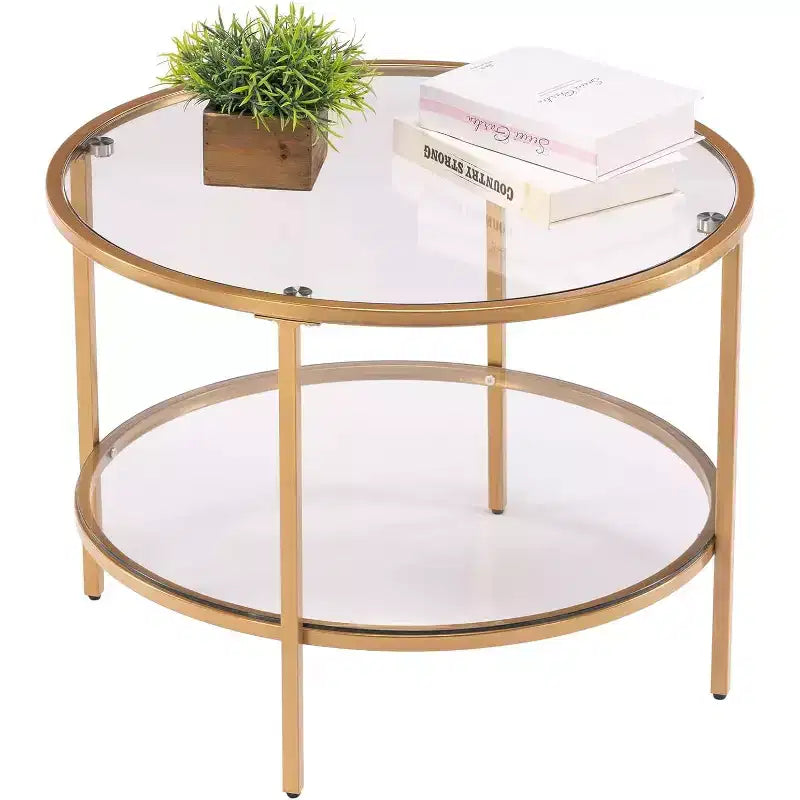 25.6 Round Gold Coffee Tables, 2-Tier Glass Coffee Table with Storage, Simple & Modern Center Table for Living Room