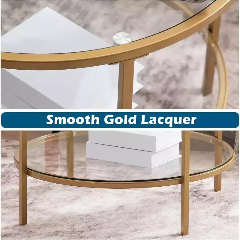 25.6 Round Gold Coffee Tables, 2-Tier Glass Coffee Table with Storage, Simple & Modern Center Table for Living Room