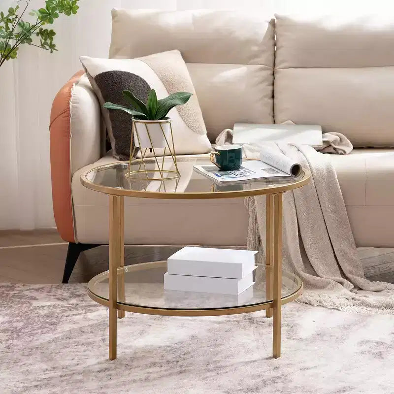 25.6 Round Gold Coffee Tables, 2-Tier Glass Coffee Table with Storage, Simple & Modern Center Table for Living Room