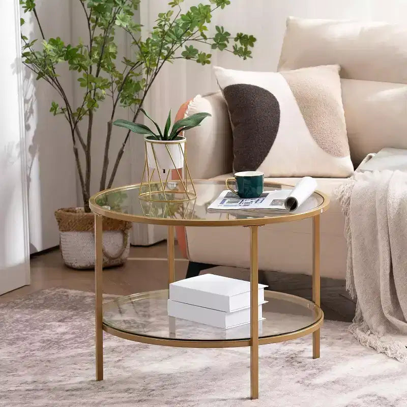 25.6 Round Gold Coffee Tables, 2-Tier Glass Coffee Table with Storage, Simple & Modern Center Table for Living Room