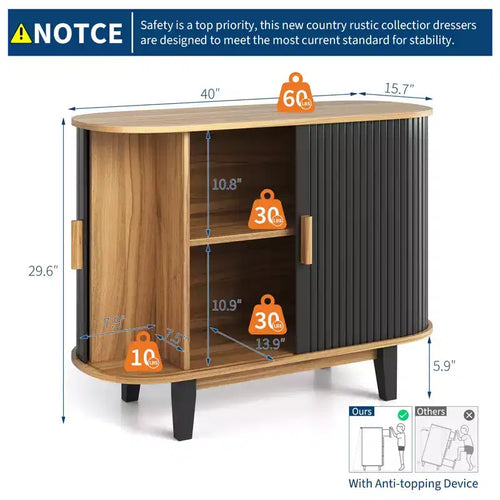 Credenza da 40" con ante scorrevoli e ripiano regolabile, per soggiorno, sala da pranzo, cucina, corridoio, colore nero