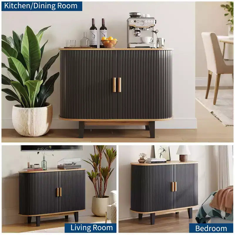 40'' Fluted Sideboard Buffer Cabinet, Storage Cabinet with Sliding Door & Adjustable Shelf, for Living&Dining Room Kitchen Hallway, Black