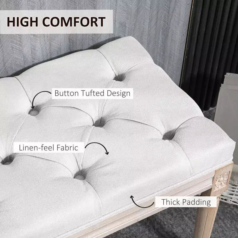 32 Linen Upholstered Bedroom Bench, French End of Bed Bench with Thick Padded Cushion and Wooden Legs