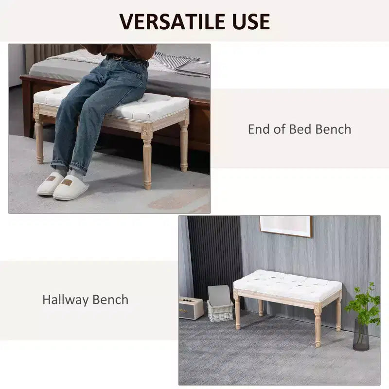 32 Linen Upholstered Bedroom Bench, French End of Bed Bench with Thick Padded Cushion and Wooden Legs