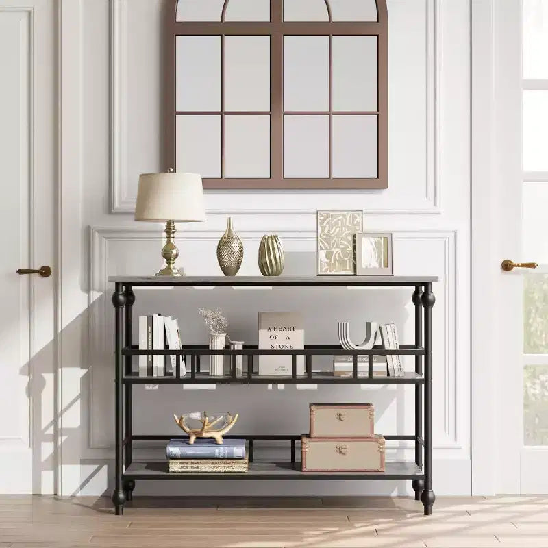 43'' Console Table with Storage, Farmhouse Rustic Skinny Entryway Table, Modern Wood Metal Hallway Sofa Table with Shelf, Narrow Couch Entry Table
