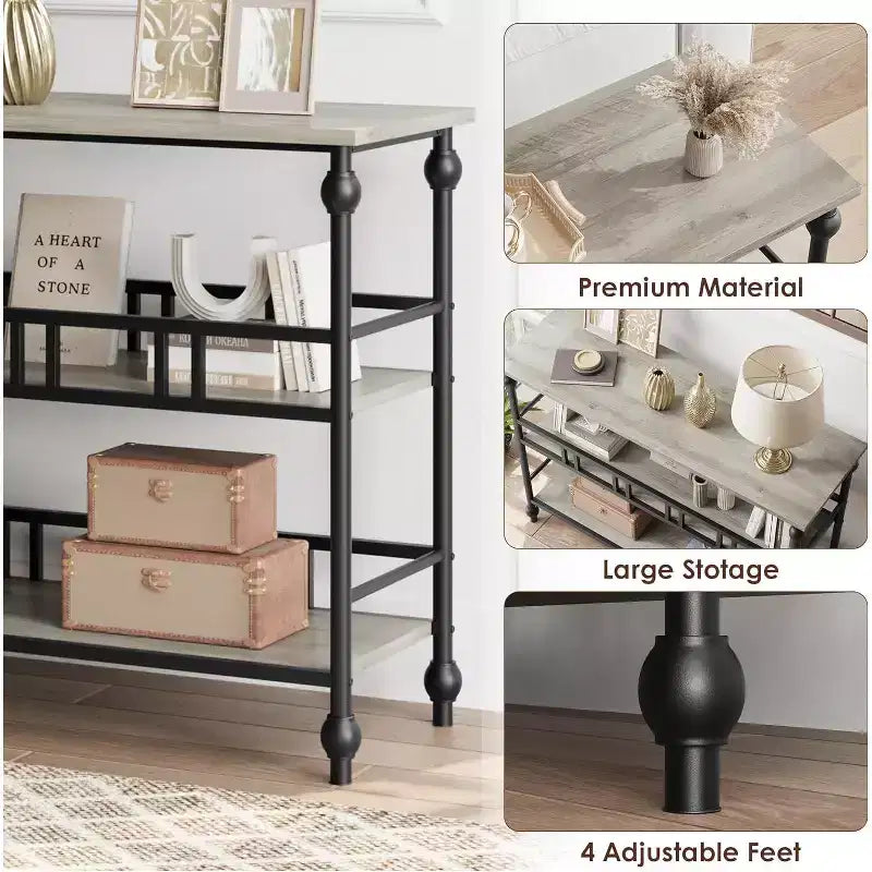 43'' Console Table with Storage, Farmhouse Rustic Skinny Entryway Table, Modern Wood Metal Hallway Sofa Table with Shelf, Narrow Couch Entry Table