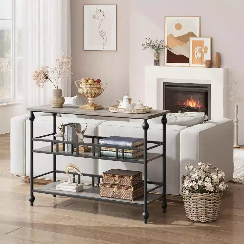 43'' Console Table with Storage, Farmhouse Rustic Skinny Entryway Table, Modern Wood Metal Hallway Sofa Table with Shelf, Narrow Couch Entry Table