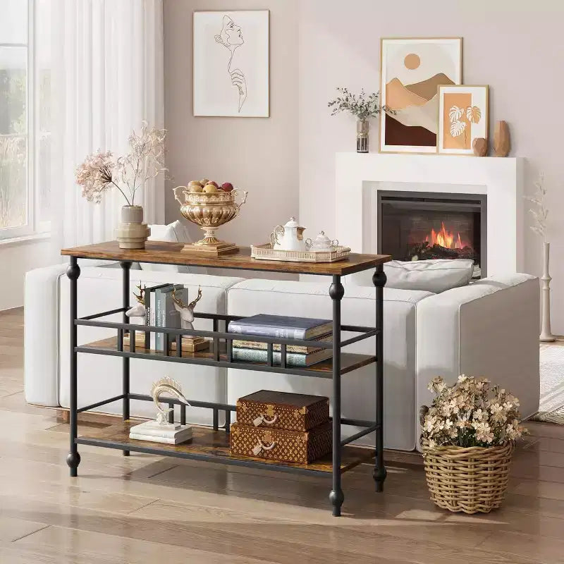 43'' Console Table with Storage, Farmhouse Rustic Skinny Entryway Table, Modern Wood Metal Hallway Sofa Table with Shelf, Narrow Couch Entry Table