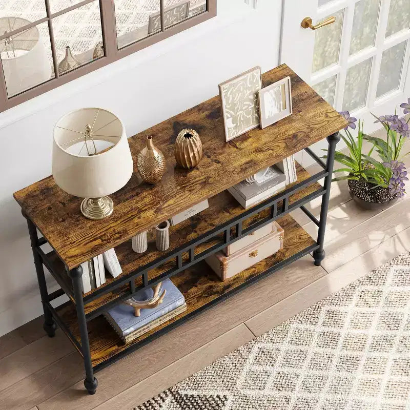 43'' Console Table with Storage, Farmhouse Rustic Skinny Entryway Table, Modern Wood Metal Hallway Sofa Table with Shelf, Narrow Couch Entry Table