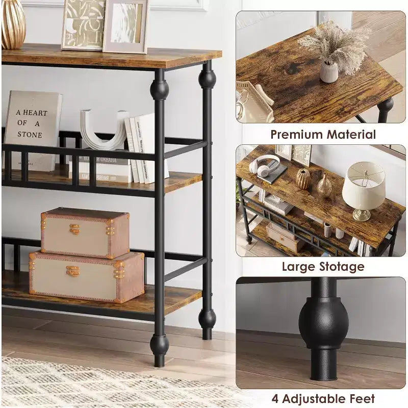 43'' Console Table with Storage, Farmhouse Rustic Skinny Entryway Table, Modern Wood Metal Hallway Sofa Table with Shelf, Narrow Couch Entry Table