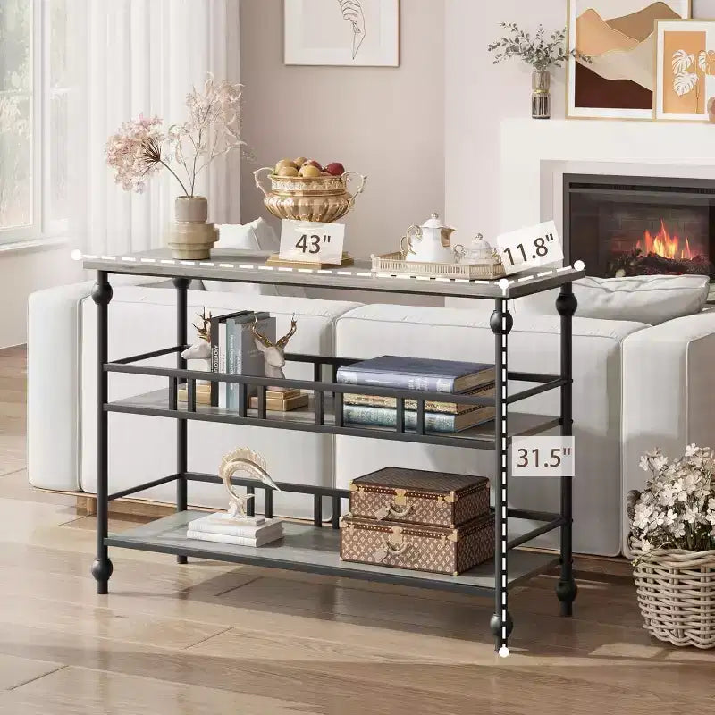 43'' Console Table with Storage, Farmhouse Rustic Skinny Entryway Table, Modern Wood Metal Hallway Sofa Table with Shelf, Narrow Couch Entry Table